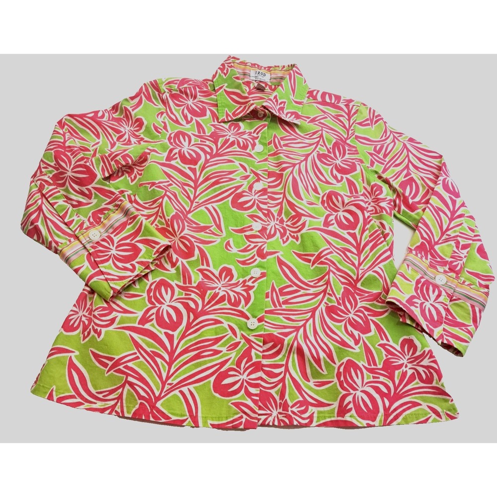 IZOD Blouse Shirt Women's PL Stretch Abstract‎ Artsy Floral Festive Hawaiian